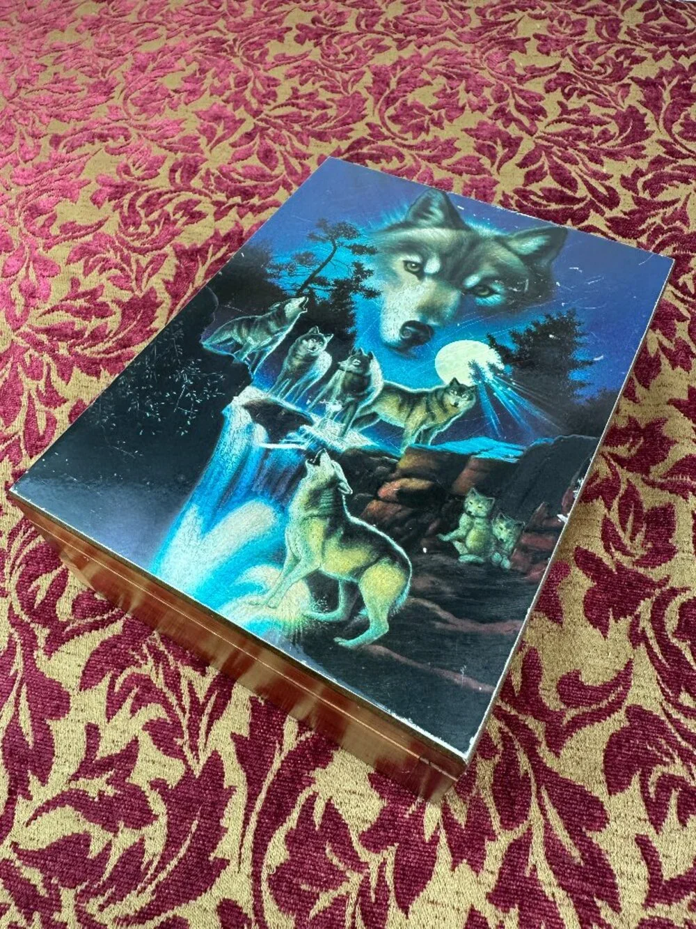 VTG Holographic Foil Howling Wolves Moon Wood Jewelry Souvenir Box Port Aransas